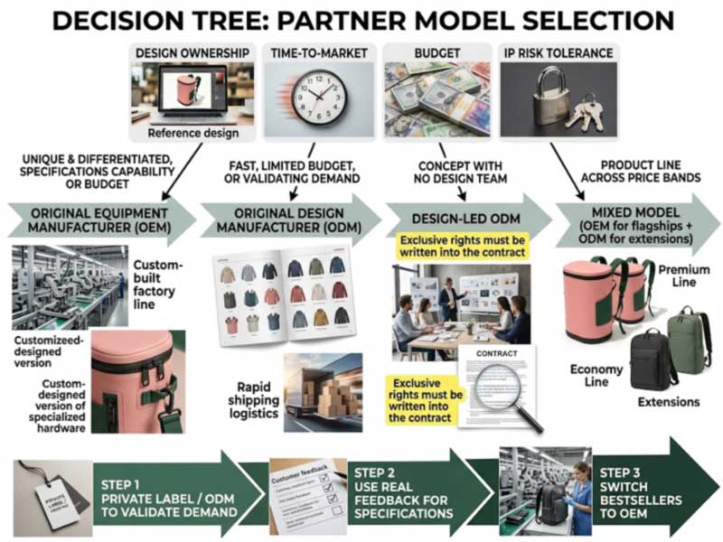 decision tree for choosing OEM or ODM cooler backpack manufacturing based on ownership, speed, budget and IP risk decision tree for choosing OEM or ODM cooler backpack manufacturing based on ownership, speed, budget and IP risk