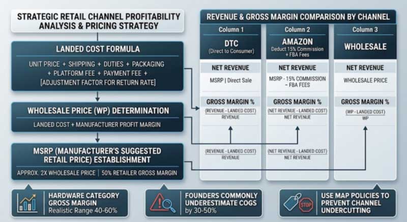 pricing ladder from landed cost to wholesale and MSRP with DTC, Amazon and wholesale channel margins compared