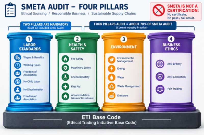 the four SMETA audit pillars: labour standards, health and safety, environment and business ethics